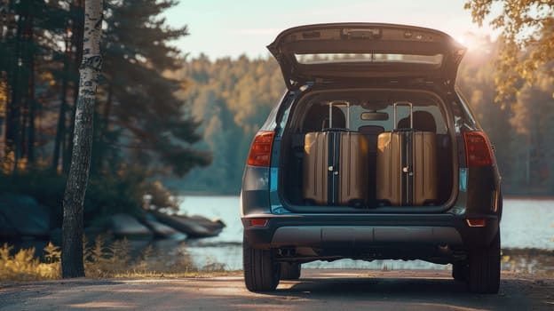 Family road trip, A suv car opens its trunk with luggage, Ready for road trip.