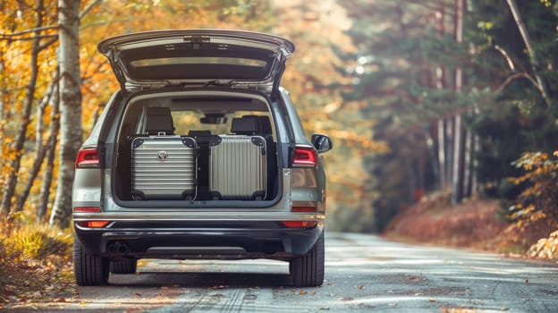 Family road trip, A suv car opens its trunk with luggage, Ready for road trip.