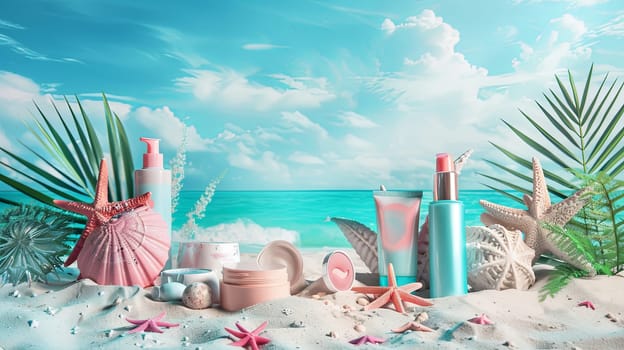 Cosmetics and starfish on a beach with a seascape background.