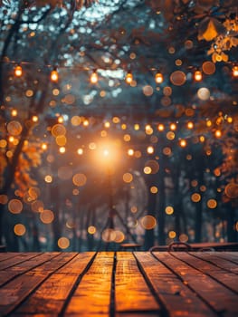 A wooden table with lights shining on it. The lights are creating a warm and inviting atmosphere. The table is surrounded by trees, which adds to the natural and peaceful feel of the scene