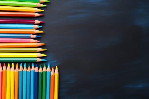 A row of brightly colored pencils aligned on a textured blackboard background, ideal for back-to-school campaigns, educational content. Empty, copy space for text. Generative AI