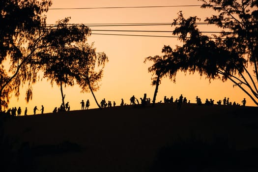 Silhouette of a group of people friends resting on the sand on the background of orange sunset