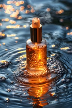 An amber bottle of electric blue liquid, a science solution, floats in the water. The fluid inside could be a drink, gas, or solvent