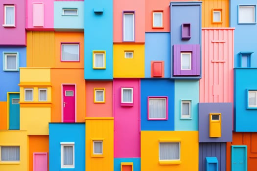 A playful, colorful facade mimicking a bustling urban block with vibrant hues, perfect for projects about creative architecture, urban planning, and community spaces. Generative AI