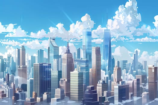A detailed painting of a city skyline filled with skyscrapers under fluffy clouds in the sky.
