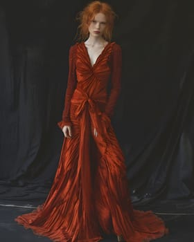A woman with long red hair is elegantly dressed in a sleeveless red gown, showcasing a stunning piece of art in fashion design and costume design