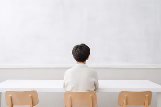 Back view of a child sitting at a desk facing a whiteboard, offering a clean and simple educational setting with space for text, ideal for school-related advertising. Minimalist room. Generative AI
