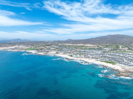 Aerial view of tropical beach with resorts in Cabo San Jose, Baja California Sur, Mexico