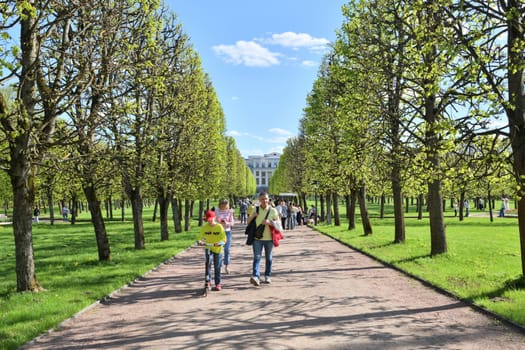 Krasnogorsk, Russia - 1 May. 2024. The Linden alley in early spring in Arkhangelskoye Estate Museum.
