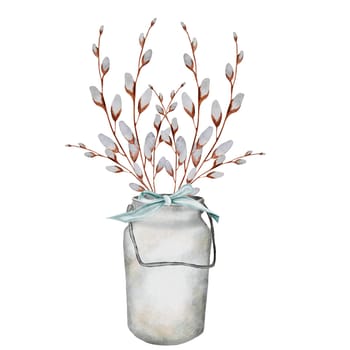 Willow watercolor hand drawing. A bouquet of branches with a blue bow in a metal milk can. Clip art of a festive composition isolated on a white background. Ideal for invitations and cards for Easter, Thanksgiving. High quality illustration