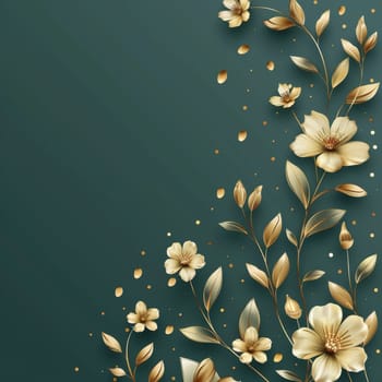 A gold and green flower with leaves is on a green background.