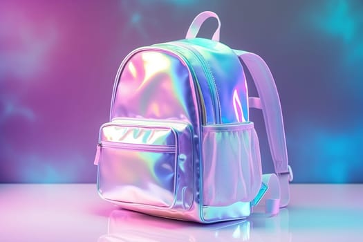 Holographic backpack on a reflective surface with vibrant purple and blue hues, perfect for modern school or fashion themes. Iridescent color gradient. Y2k, 2000s style. Back to school. Generative AI