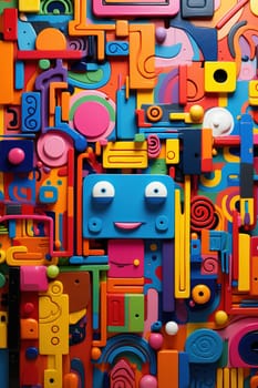 A playful and colorful 3D composition of various shapes and forms, featuring a cartoon-like face, ideal for children's educational content, toys, and creative projects. Vertical format. Generative AI