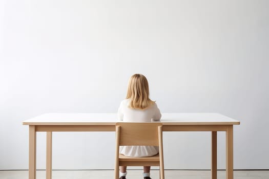 A minimalist image showing a child from behind, sitting at a desk facing a plain white wall, ideal for education-related content and ads with space for text. Generative AI