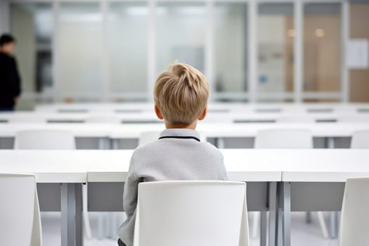 Young student seated in a bright, modern classroom, seen from behind, symbolizing focus and the future of education, perfect for educational themes and campaigns. Generative AI
