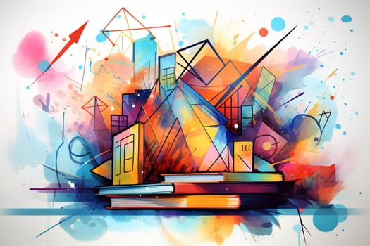 Vibrant abstract art featuring geometric shapes, books in a dynamic composition, ideal for back-to-school themes, educational promotions, and creative projects. Generative AI