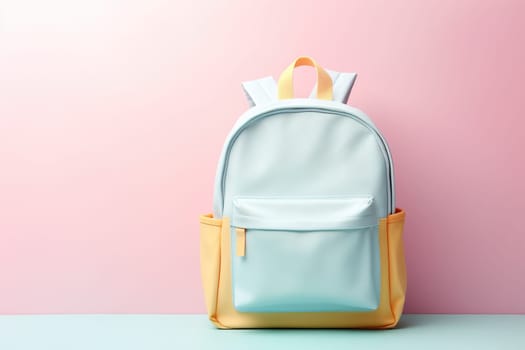 Pastel colored backpack, perfect for modern school or fashion themes. Back to school concept. Empty, copy space for text. Education background, soft colors. Generative AI