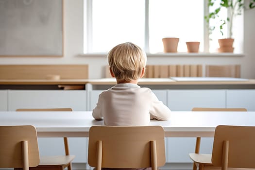 A young student sits at a desk in a classroom, facing away and looking towards a window, capturing a moment of solitude and focus in a modern educational setting. Generative AI