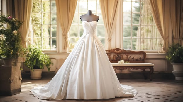 Wedding drees, bridal gown style and bespoke fashion, full-legth white tailored ball gown in showroom, tailor fitting, beauty and wedding inspiration