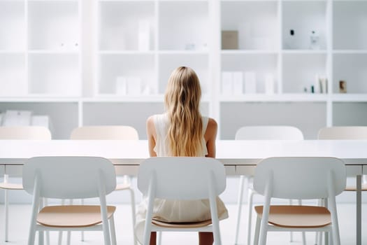 A young woman sits at a modern, minimalist white desk in a bright classroom, viewed from behind, depicting a serene and focused study environment. Generative AI