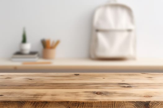 Empty wooden table top and blurred school supplies, stationery on the background. Copy space for your object, product presentation. Back to school, education concept. Front view. Generative AI