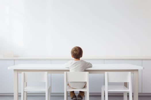 A minimalist image showing a child from behind, sitting at a desk facing a plain white wall, ideal for education-related content and ads with space for text. Generative AI