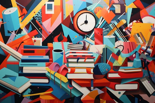 Vibrant abstract art featuring geometric shapes, books, and pencils in a dynamic composition, ideal for back-to-school themes, educational promotions, and creative projects. Generative AI