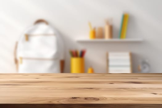 An empty wooden tabletop foreground with a softly blurred background featuring school supplies, perfect for product displays and educational themes. Generative AI