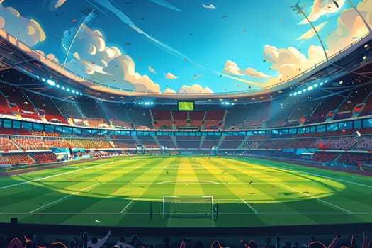 A dynamic painting capturing a bustling soccer stadium with a football field and energetic fans filling the stands, exuding the passion of a thrilling match day.