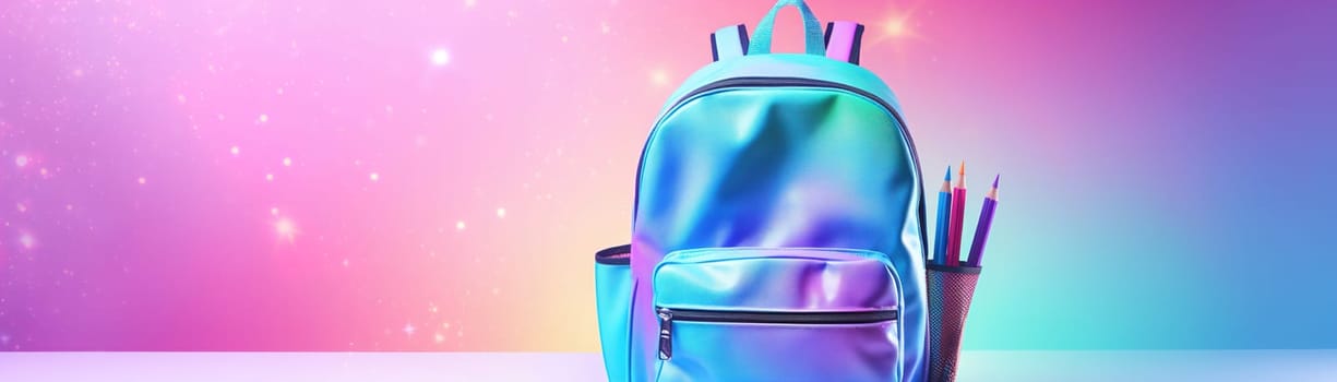 Holographic background with backpack and copy space for text. Perfect for modern school or fashion themes. Iridescent color gradient. Y2k, 2000s style. Panoramic banner. Generative AI