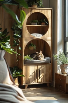 A cat is sitting on a bed in a room with a wooden bookshelf. The cat is looking out the window