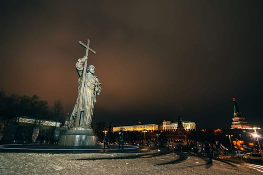 MOSCOW, RUSSIA - DECEMBER 23, 2016: Monument to Holy Prince Vladimir the Great on Borovitskaya Square near the Kremlin, Moscow