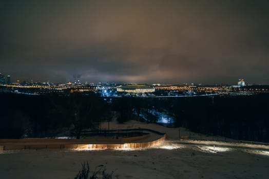 MOSCOW, RUSSIA - DECEMBER 25, 2016: A view of the Luzhniki stadium from Sparrow hills in Moscow at night