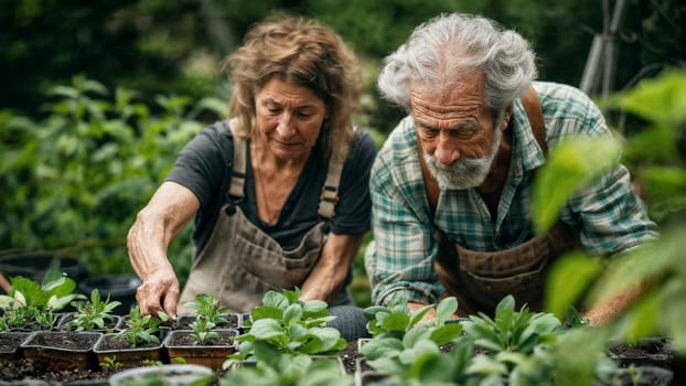 Older couple with aprons planting seedlings in garden surrounded by greenery.