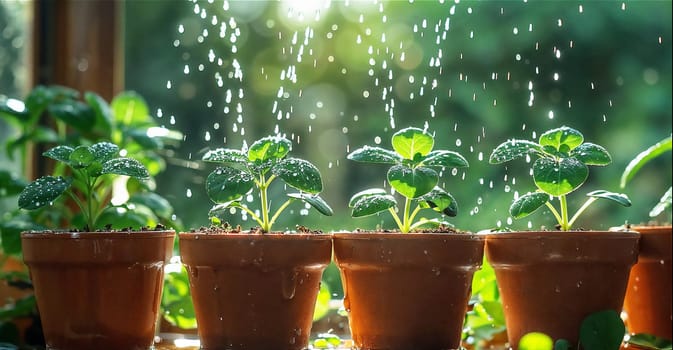 Potted plants arranged in front of a window, with water droplets on leaves.