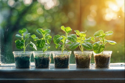 Group of plants in plastic cups on window sill