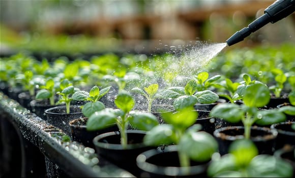 Spraying water on plants in a greenhouse, water droplets splashing on leaves of seedlings