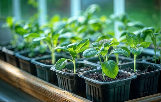 Young plants basking in sunlight on a wooden ledge.