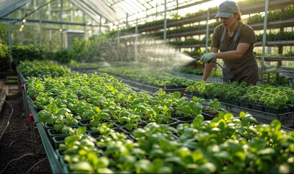 Gardener watering seedlings in a sunny modern greenhouse