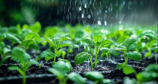 Green plant being watered in garden, water droplets splashing on leaves.