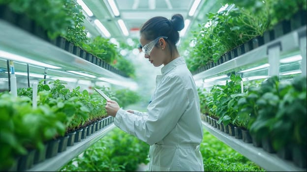 Asian Woman scientist in lab coat using tablet to examine plants in futuristic hydroponic farm