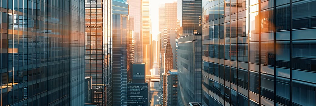 The city skyline features towering skyscrapers in an urban financial center.