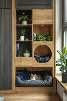 A cat is sleeping in a cat bed in a room with a wooden shelf and a potted plant.