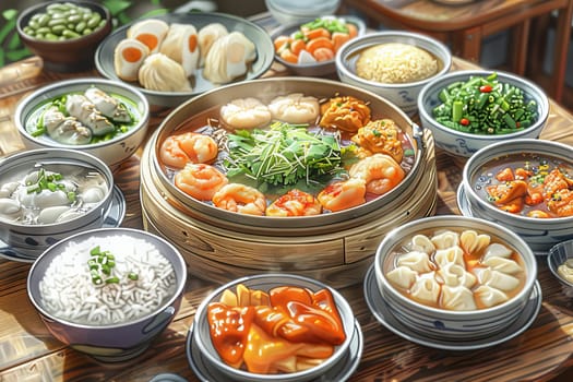 A table full of food with a variety of dishes including rice, noodles, and meat. Scene is inviting and warm, as it seems like a family gathering or a celebration