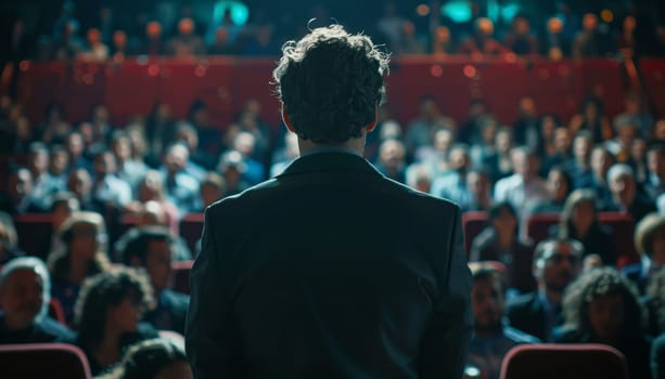 A man stands in front of a crowd of people, giving a speech by AI generated image.