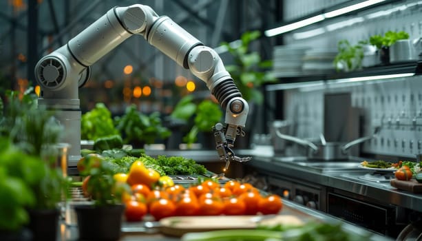 A robot arm is reaching for a tomato on a table by AI generated image.