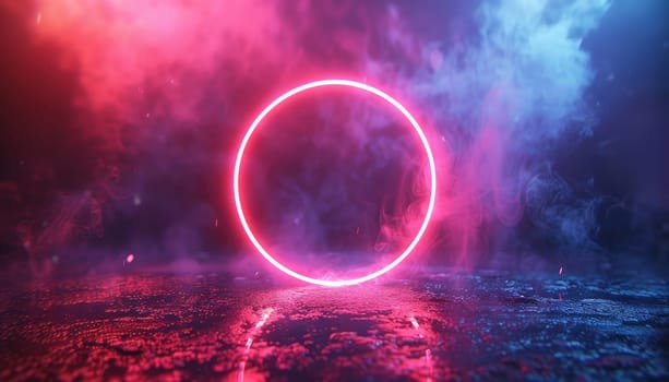 A red and blue lighted circle is in the middle of a foggy, misty by AI generated image.