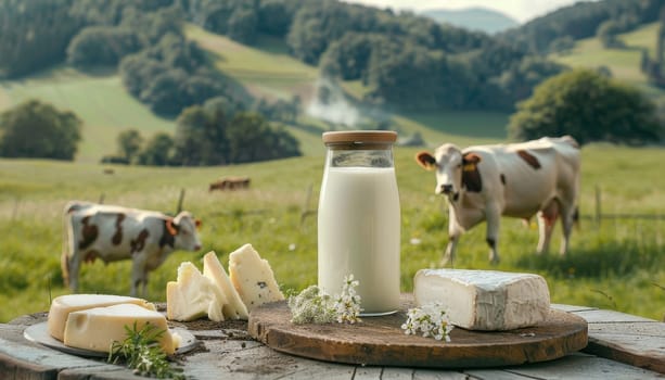 A glass of milk is on a wooden table next to a cow and some cheese by AI generated image.
