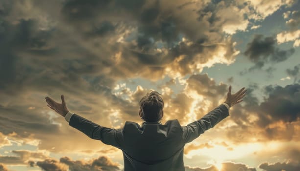 A man in a suit is standing in the sky, with his hands raised in the air by AI generated image.