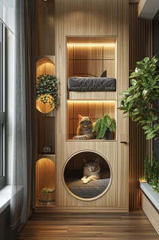 A cat is sitting in a wooden cat bed in a room with a potted plant.